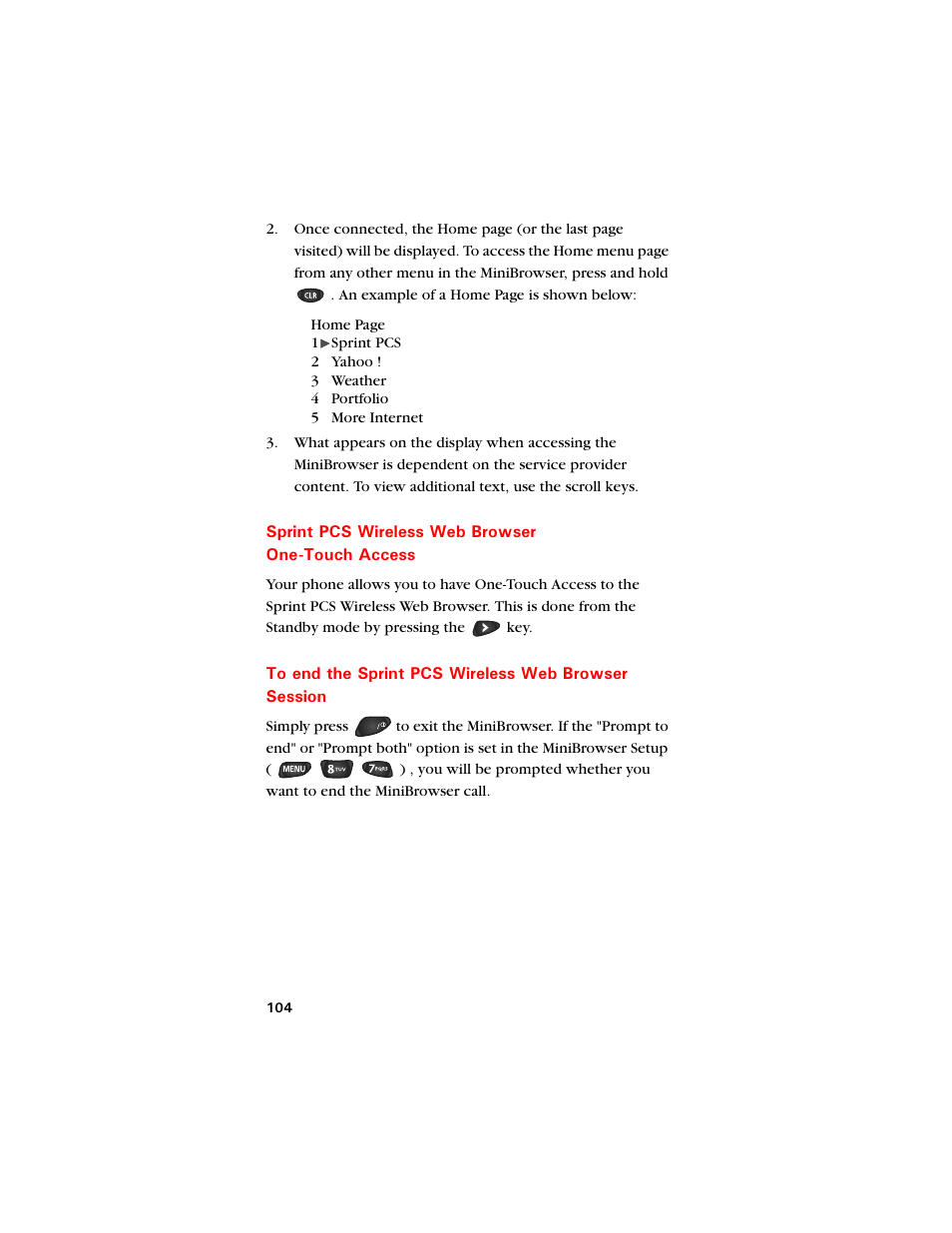 Sprint pcs wireless web browser one-touch access, To end the sprint pcs wireless web browser session | Samsung SCH-8500 User Manual | Page 108 / 138