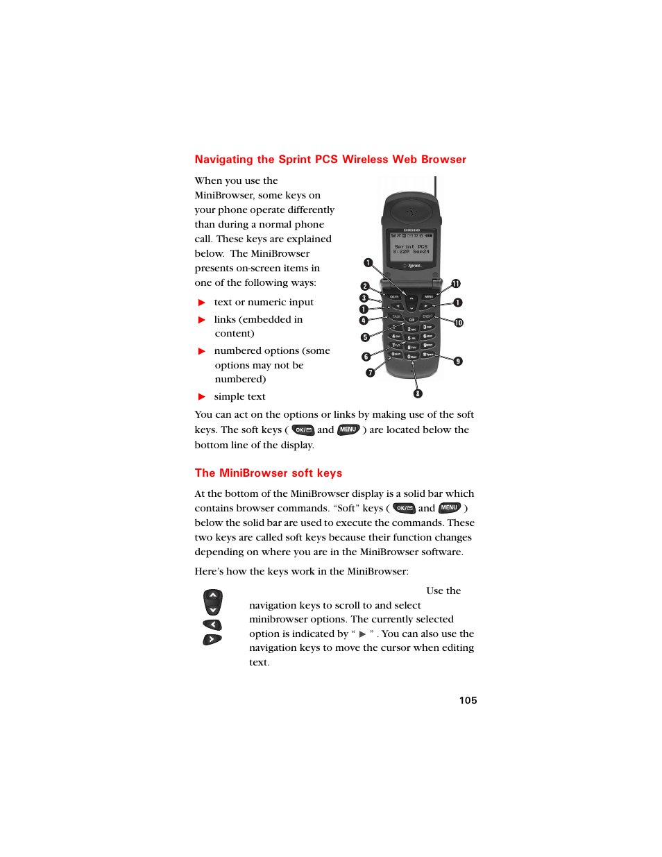 Navigating the sprint pcs wireless web browser, The minibrowser soft keys | Samsung SCH-8500 User Manual | Page 109 / 138