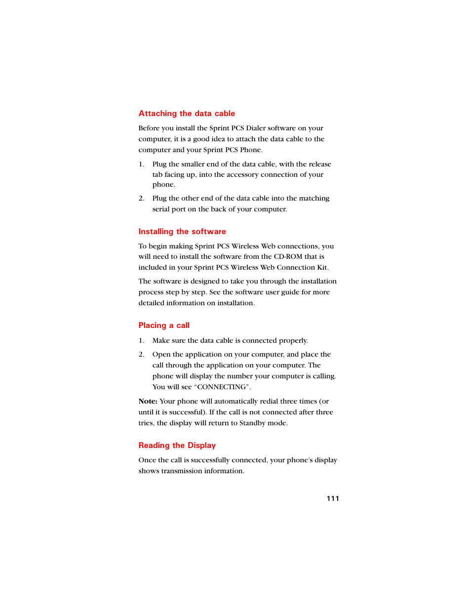 Attaching the data cable, Installing the software, Placing a call | Reading the display | Samsung SCH-8500 User Manual | Page 115 / 138