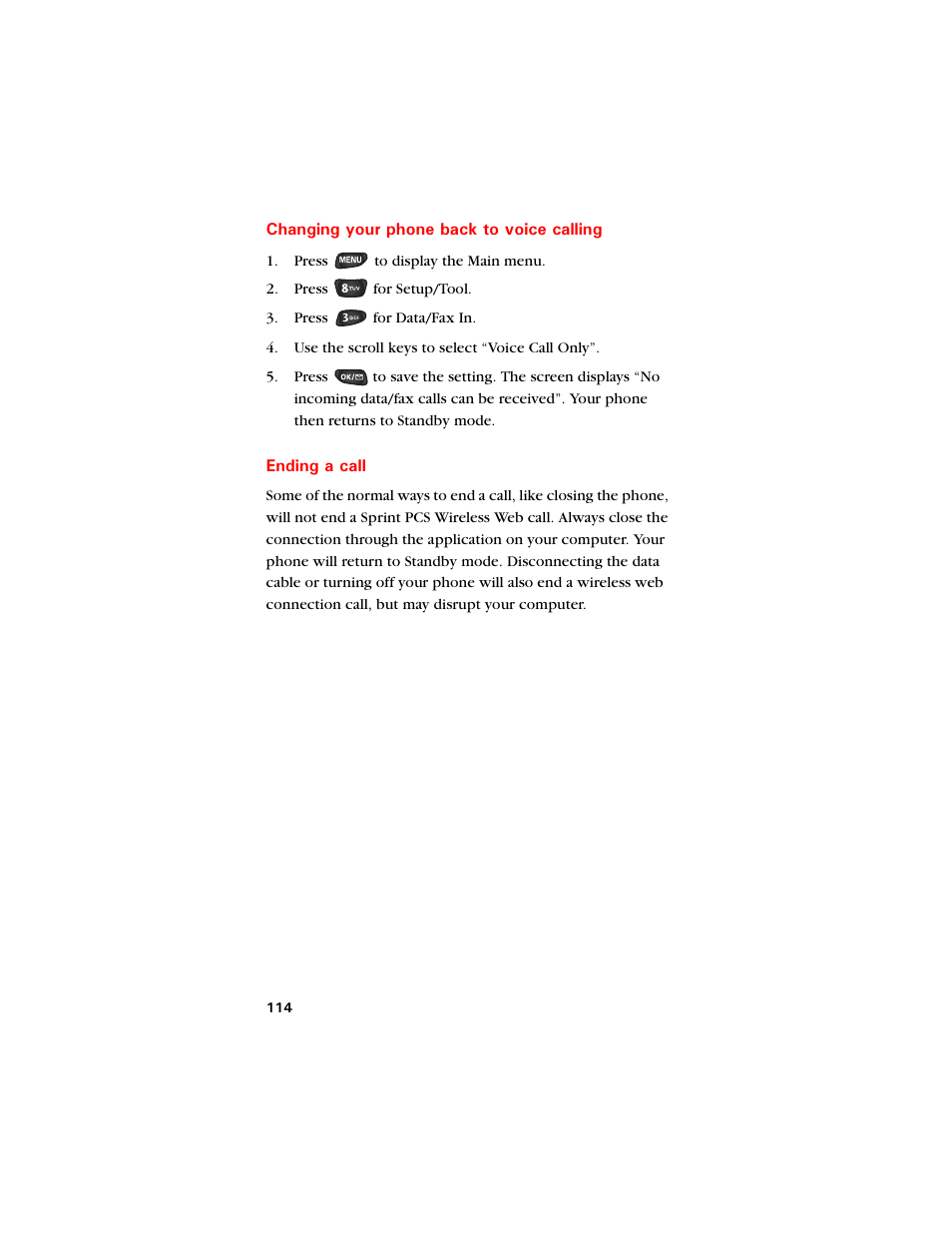 Changing your phone back to voice calling, Ending a call | Samsung SCH-8500 User Manual | Page 118 / 138