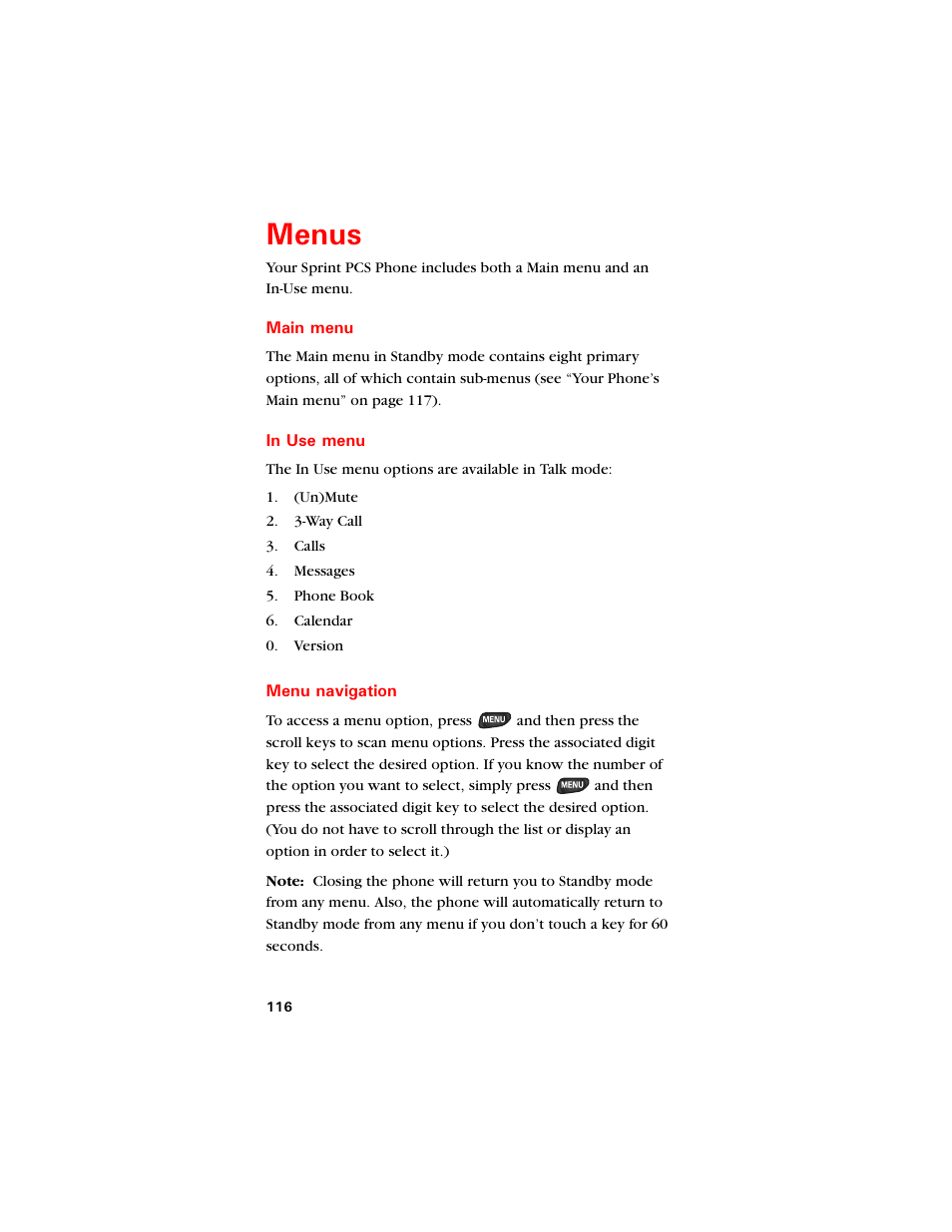 Menus, Main menu, In use menu | Menu navigation, Gpwu | Samsung SCH-8500 User Manual | Page 120 / 138