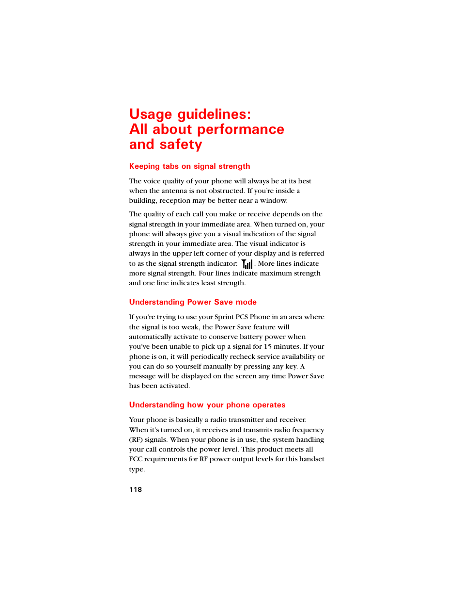 Usage guidelines: all about performance and safety, Keeping tabs on signal strength, Understanding power save mode | Understanding how your phone operates, 7ucig iwkfgnkpgu, Nn cdqwv rgthqtocpeg cpf uchgv, 7ucig iwkfgnkpgu #nn cdqwv rgthqtocpeg cpf uchgv | Samsung SCH-8500 User Manual | Page 122 / 138