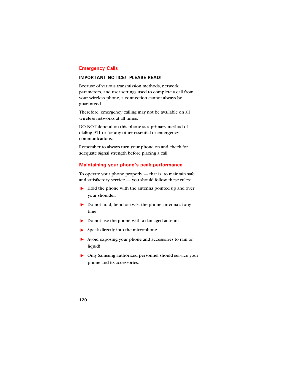 Emergency calls, Maintaining your phone’s peak performance | Samsung SCH-8500 User Manual | Page 124 / 138