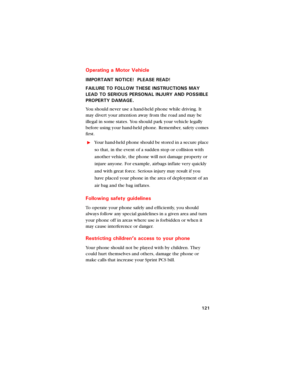 Operating a motor vehicle, Following safety guidelines, Restricting children’s access to your phone | Samsung SCH-8500 User Manual | Page 125 / 138