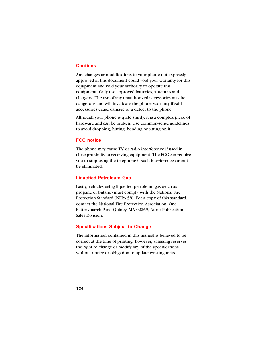 Cautions, Fcc notice, Liquefied petroleum gas | Specifications subject to change, Cautions 124 | Samsung SCH-8500 User Manual | Page 128 / 138