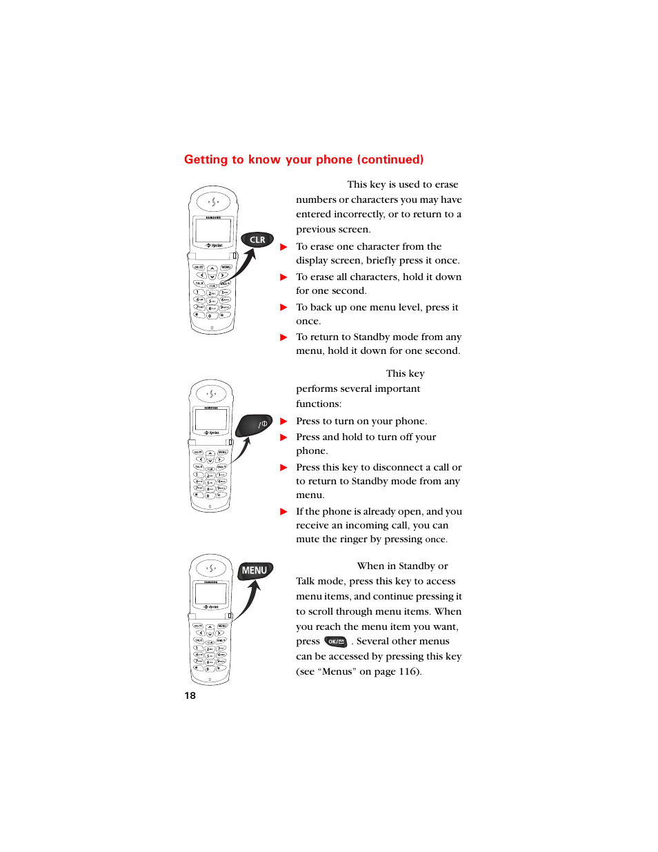 Clr key, End / power key, Menu key | Gvvkpi vq mpqy [qwt rjqpg eqpvkpwgf | Samsung SCH-8500 User Manual | Page 22 / 138