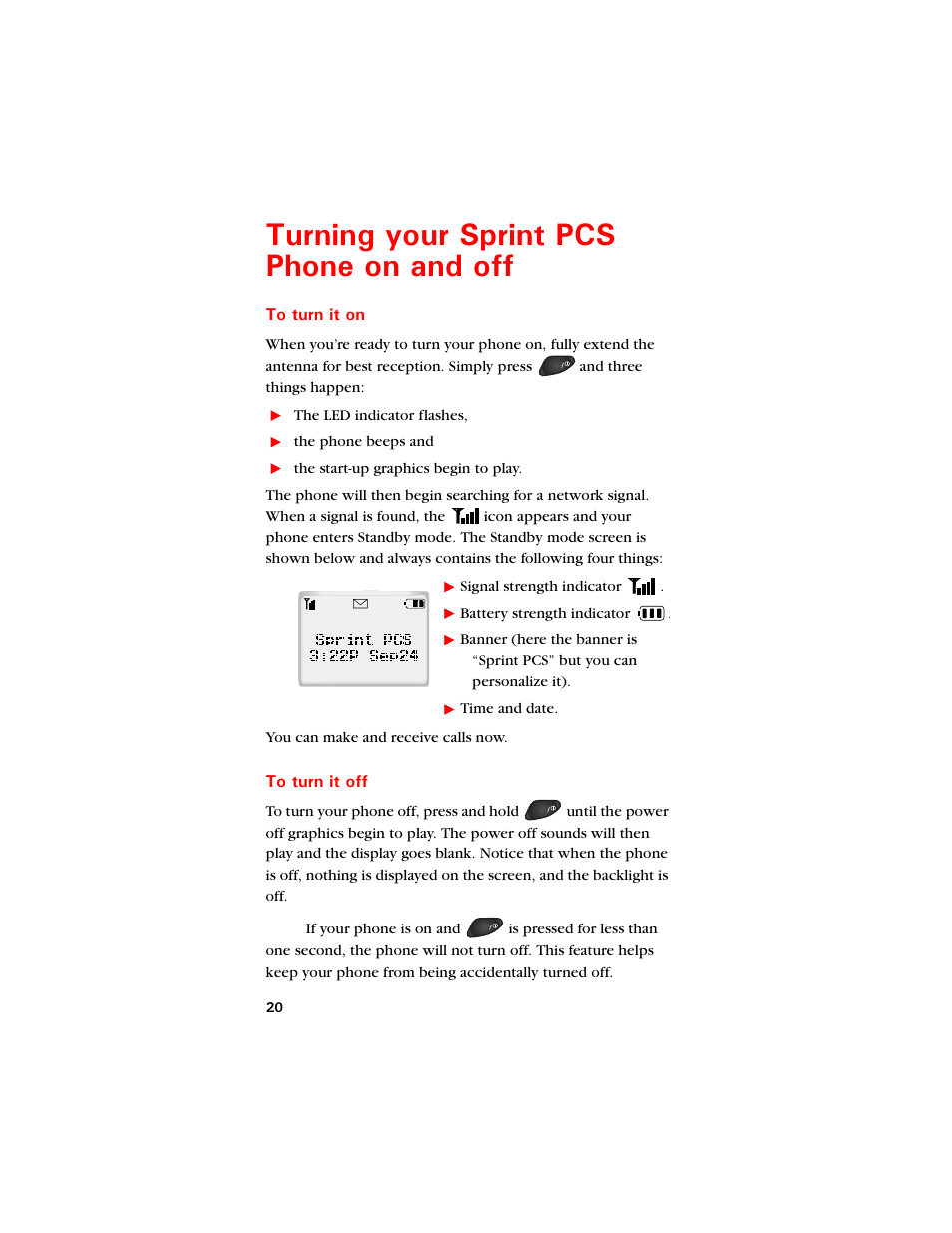 Turning your sprint pcs phone on and off, To turn it on, To turn it off | 6wtpkpi [qwt 5rtkpv 2%5 2jqpg qp cpf qhh | Samsung SCH-8500 User Manual | Page 24 / 138