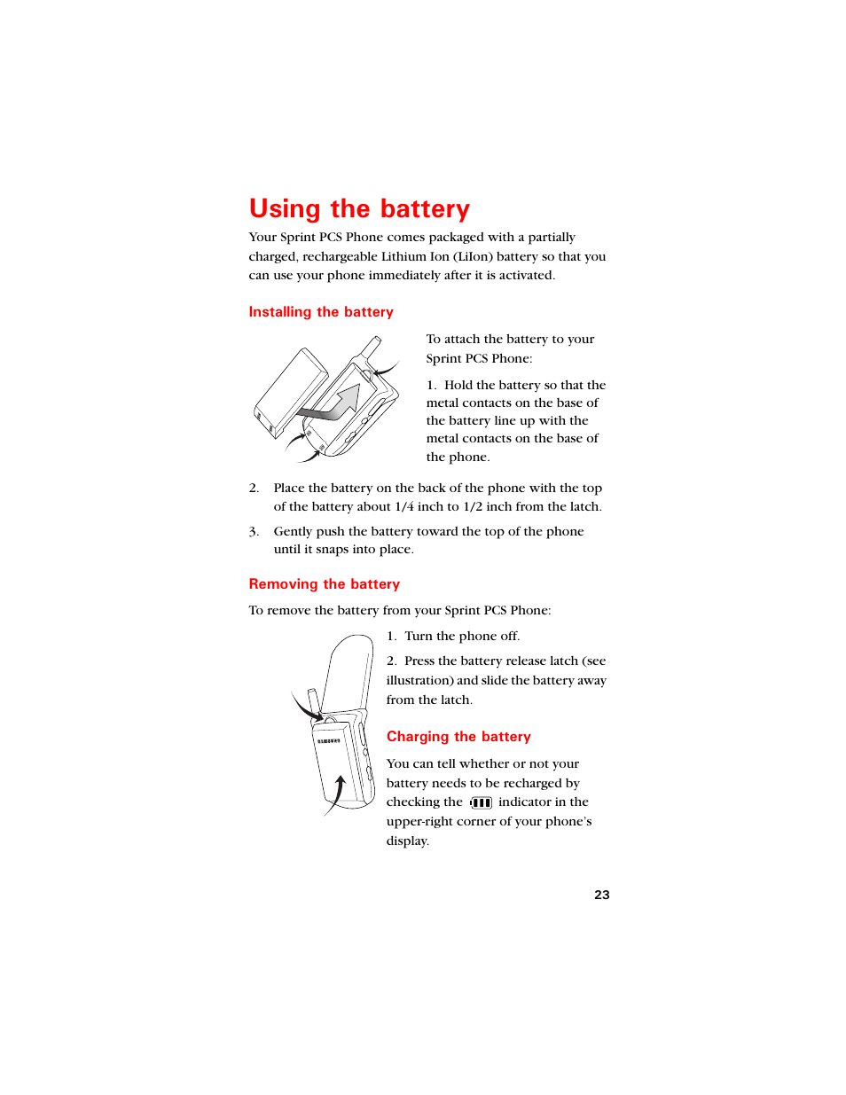 Using the battery, Installing the battery, Removing the battery | Charging the battery, 7ukpi vjg dcvvgt, Removing, Battery 23 | Samsung SCH-8500 User Manual | Page 27 / 138