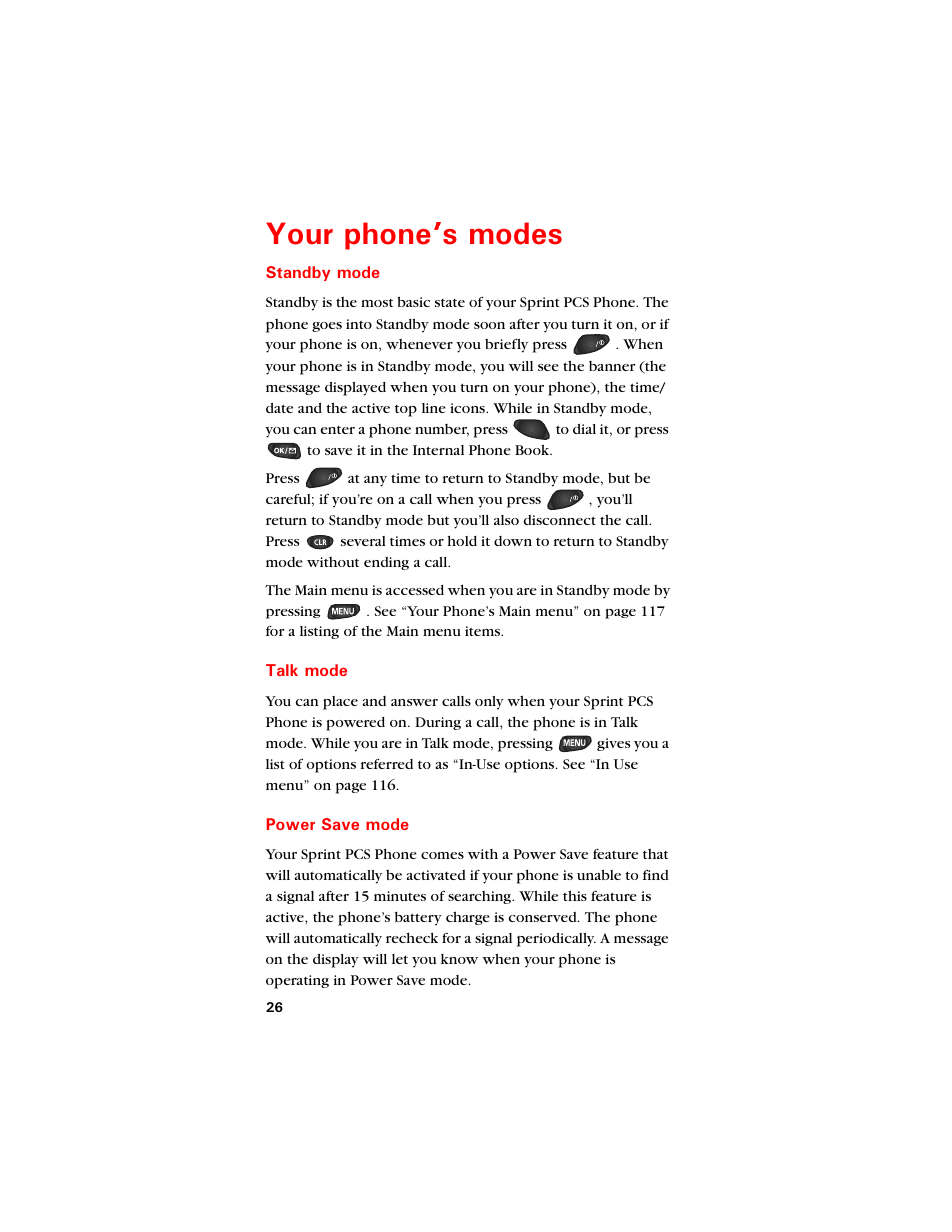 Your phone’s modes, Standby mode, Talk mode | Power save mode, Qwt rjqpg u oqfgu | Samsung SCH-8500 User Manual | Page 30 / 138