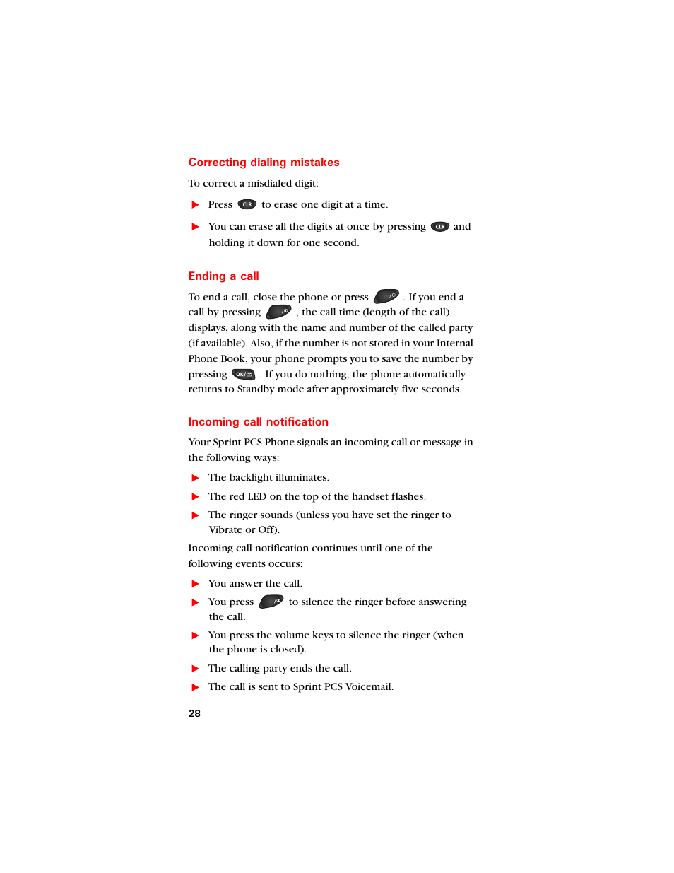 Correcting dialing mistakes, Ending a call, Incoming call notification | Samsung SCH-8500 User Manual | Page 32 / 138