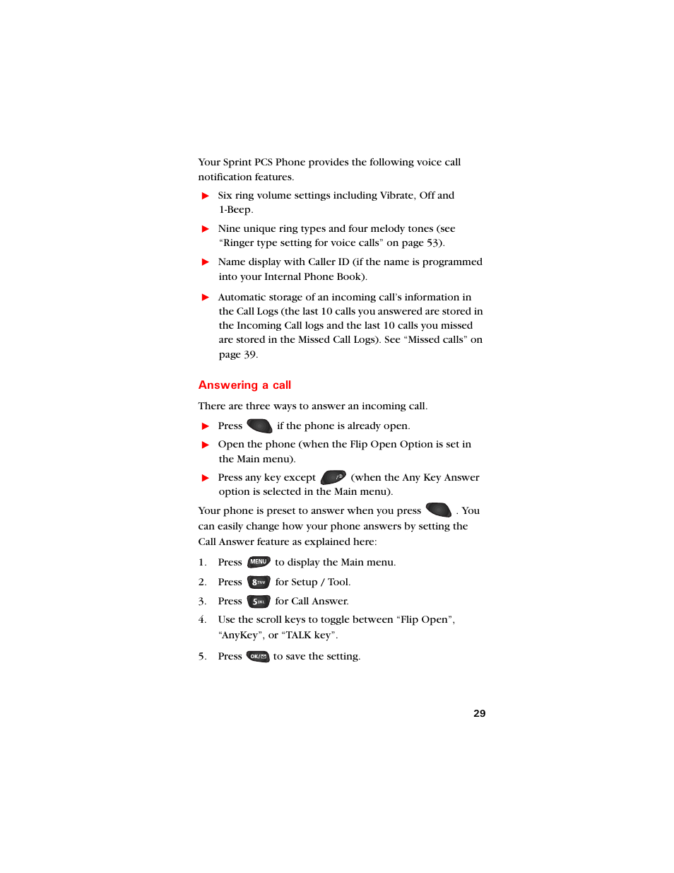 Answering a call, Answering, Call 29 | Samsung SCH-8500 User Manual | Page 33 / 138