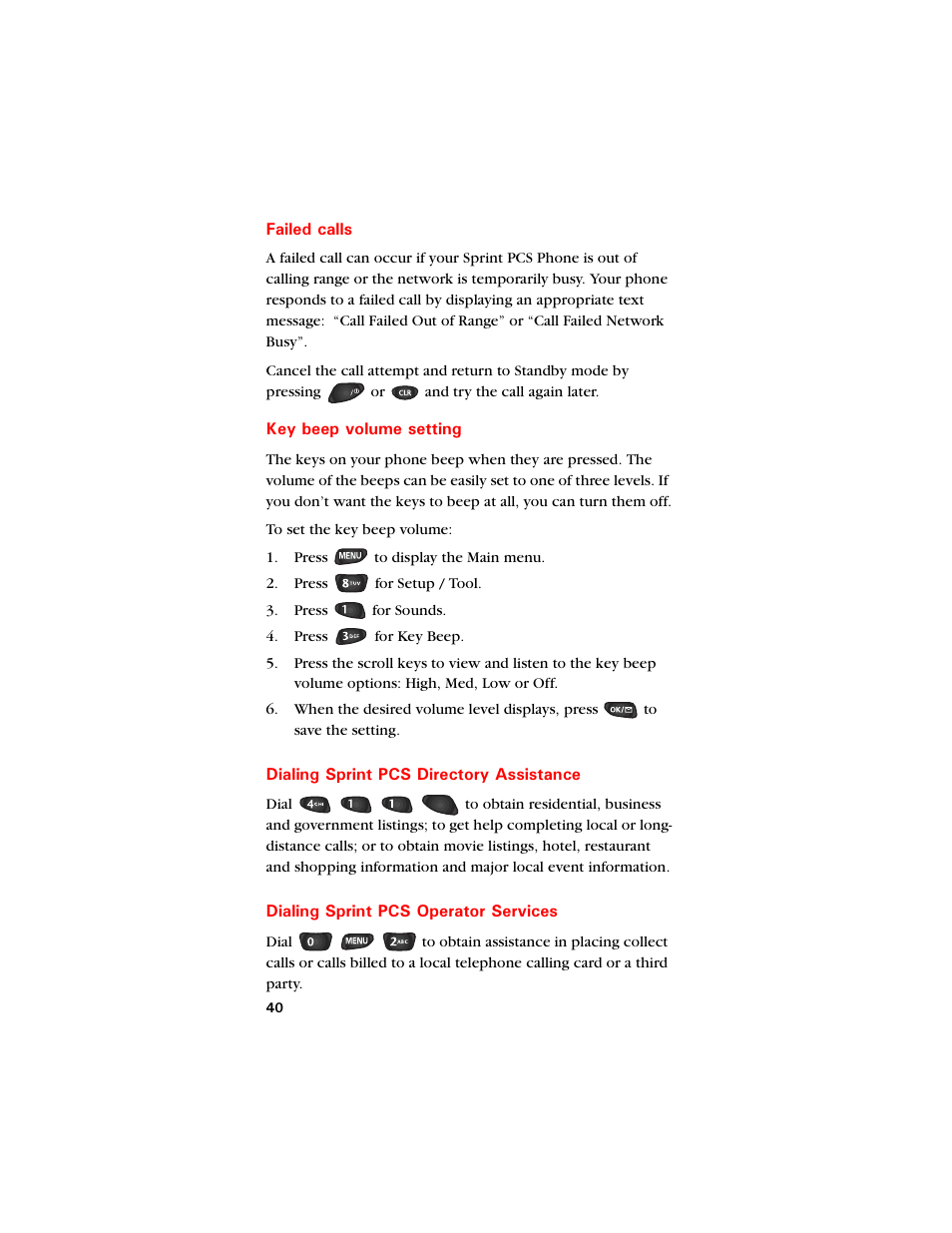 Failed calls, Key beep volume setting, Dialing sprint pcs directory assistance | Dialing sprint pcs operator services | Samsung SCH-8500 User Manual | Page 44 / 138