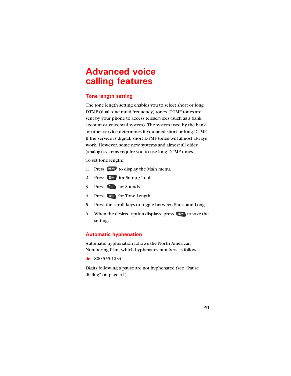 Advanced voice calling features, Tone length setting, Automatic hyphenation | Fxcpegf xqkeg ecnnkpi hgcvwtgu | Samsung SCH-8500 User Manual | Page 45 / 138