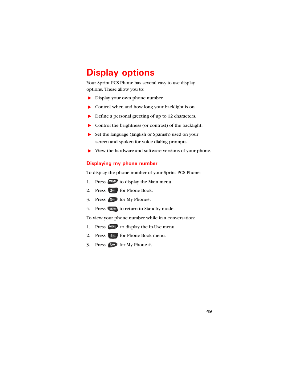 Display options, Displaying my phone number, Kurnc[ qrvkqpu | Samsung SCH-8500 User Manual | Page 53 / 138