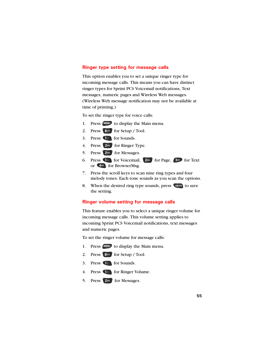 Ringer type setting for message calls, Ringer volume setting for message calls | Samsung SCH-8500 User Manual | Page 59 / 138