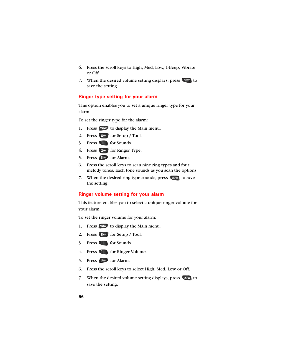 Ringer type setting for your alarm, Ringer volume setting for your alarm | Samsung SCH-8500 User Manual | Page 60 / 138