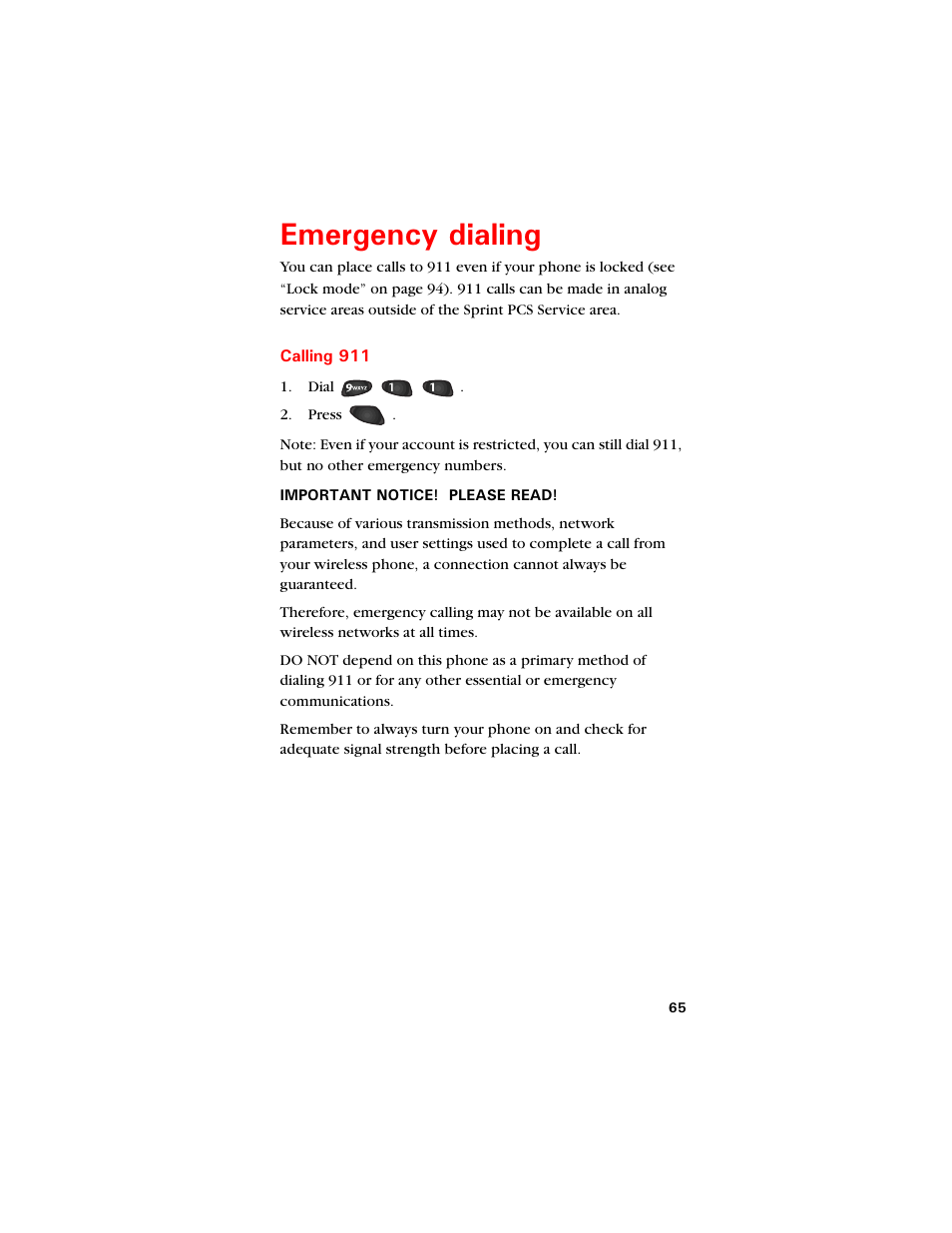 Emergency dialing, Calling 911, Ogtigpe[ fkcnkpi | Samsung SCH-8500 User Manual | Page 69 / 138