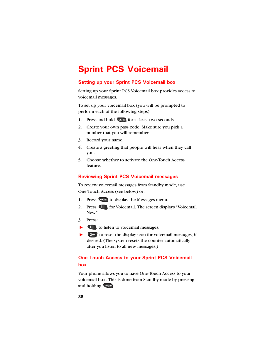 Sprint pcs voicemail, Setting up your sprint pcs voicemail box, Reviewing sprint pcs voicemail messages | One-touch access to your sprint pcs voicemail box, 5rtkpv 2%5 8qkegockn | Samsung SCH-8500 User Manual | Page 92 / 138