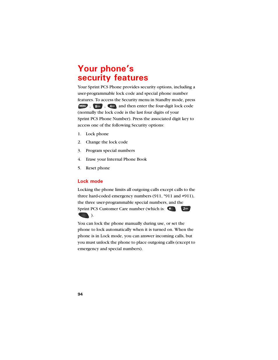 Your phone’s security features, Lock mode, Qwt rjqpg u ugewtkv[ hgcvwtgu | Samsung SCH-8500 User Manual | Page 98 / 138