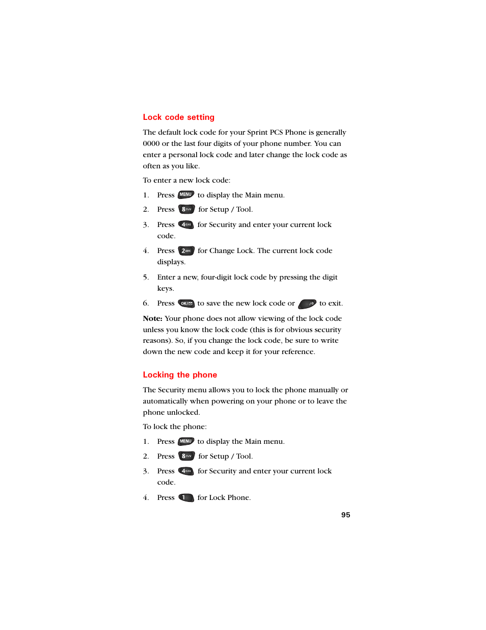 Lock code setting, Locking the phone | Samsung SCH-8500 User Manual | Page 99 / 138