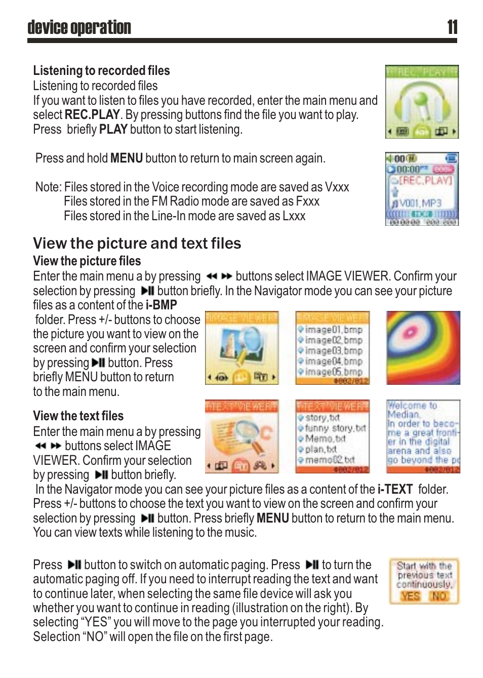 Device operation 11, View the picture and text files | SRS Labs MP3 MiniMax3 User Manual | Page 11 / 20