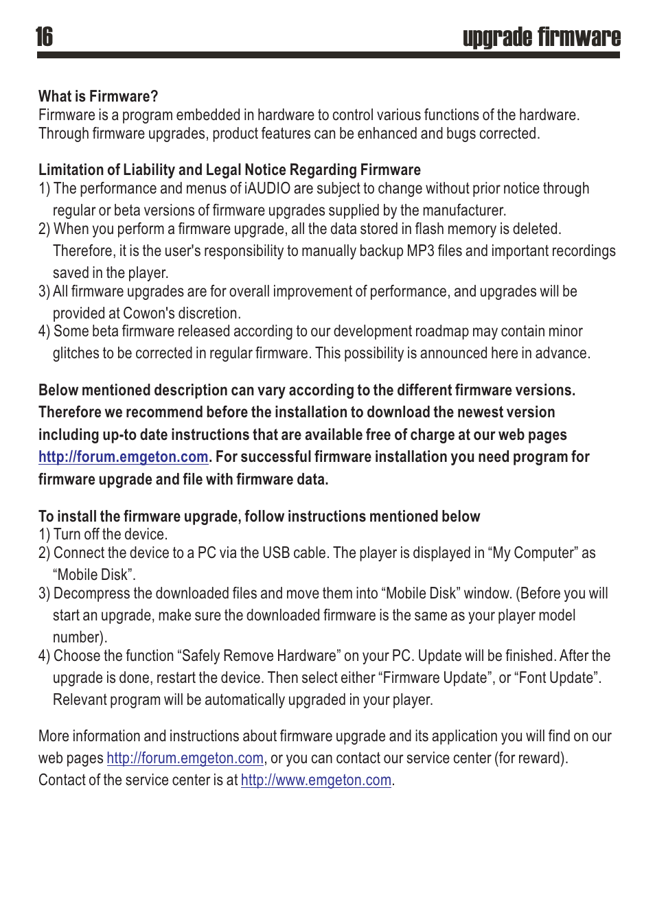 16 upgrade firmware | SRS Labs MP3 MiniMax3 User Manual | Page 16 / 20