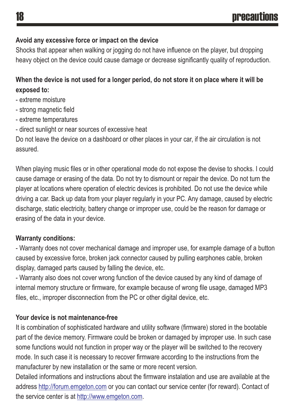 18 precautions | SRS Labs MP3 MiniMax3 User Manual | Page 18 / 20