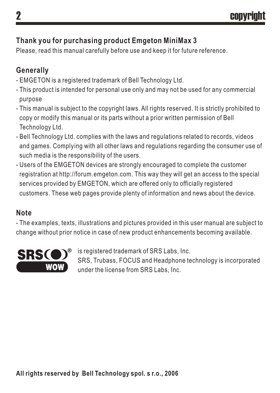 2copyright | SRS Labs MP3 MiniMax3 User Manual | Page 2 / 20