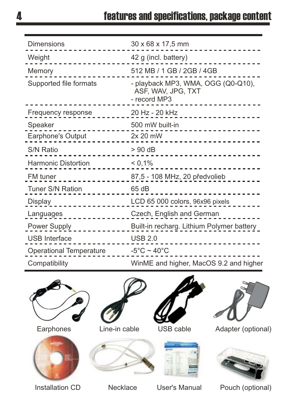 4features and specifications, package content | SRS Labs MP3 MiniMax3 User Manual | Page 4 / 20