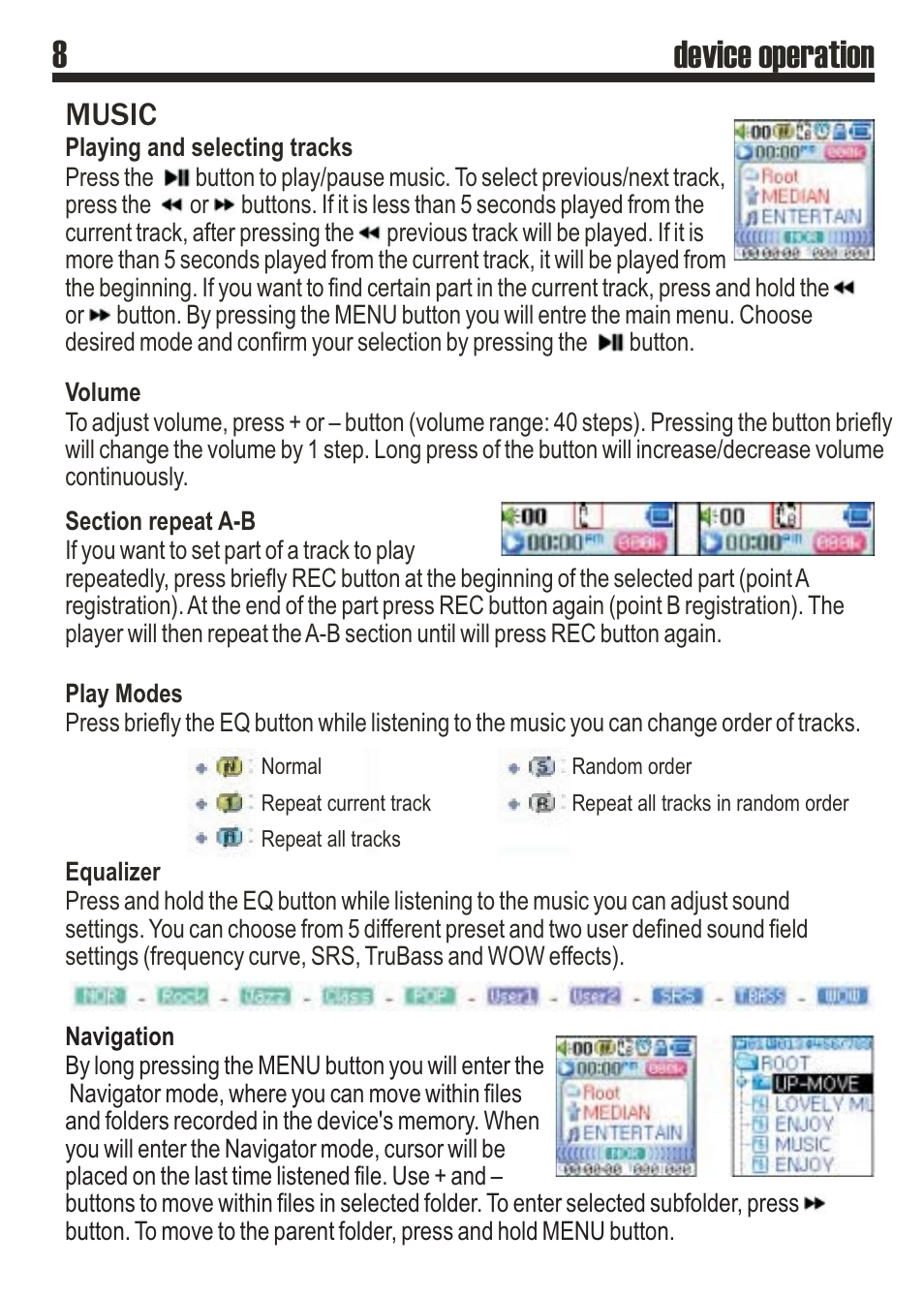8device operation, Music | SRS Labs MP3 MiniMax3 User Manual | Page 8 / 20