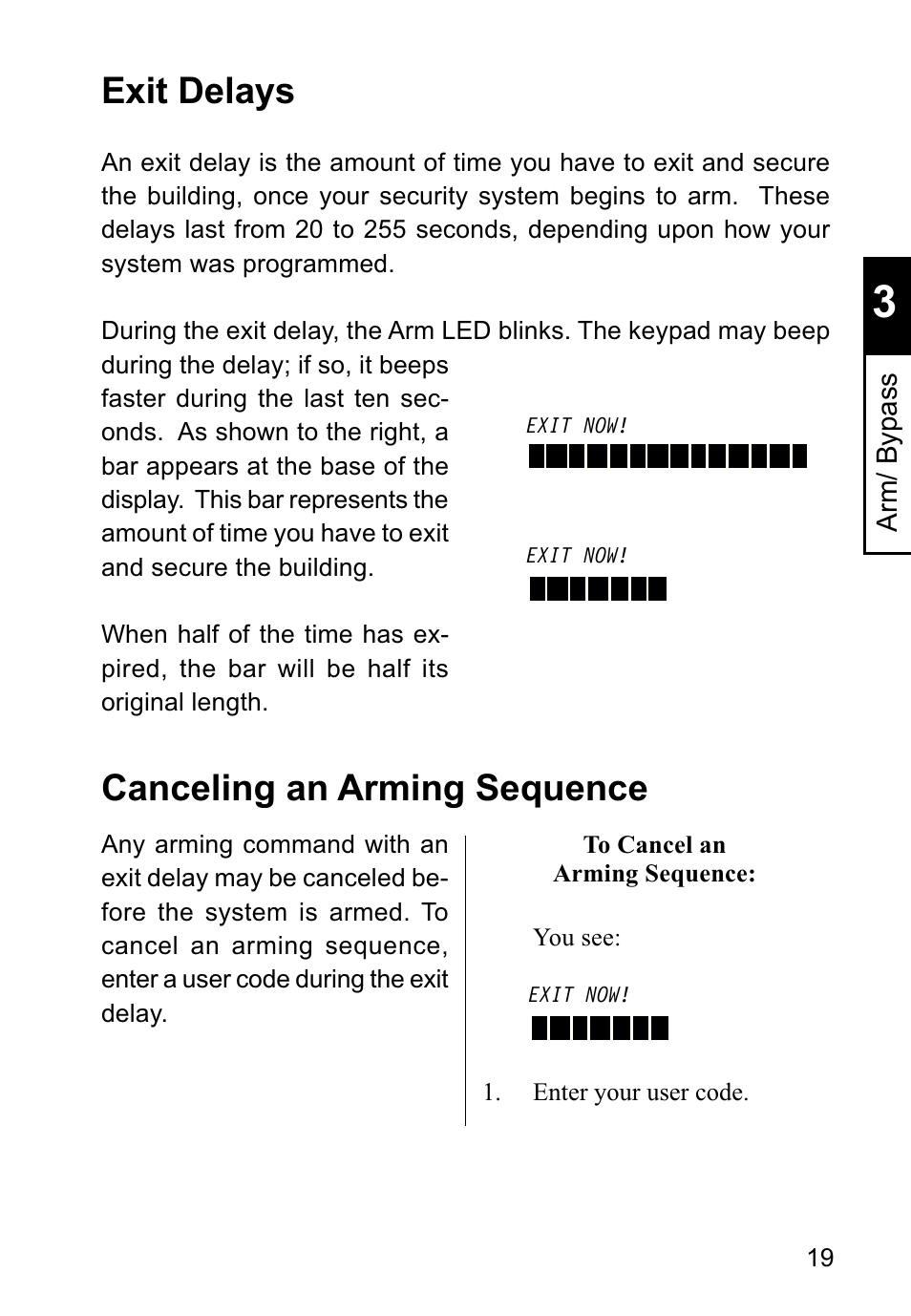 Exit delays, Canceling an arming sequence | Sierra Housewares S5012 User Manual | Page 23 / 72