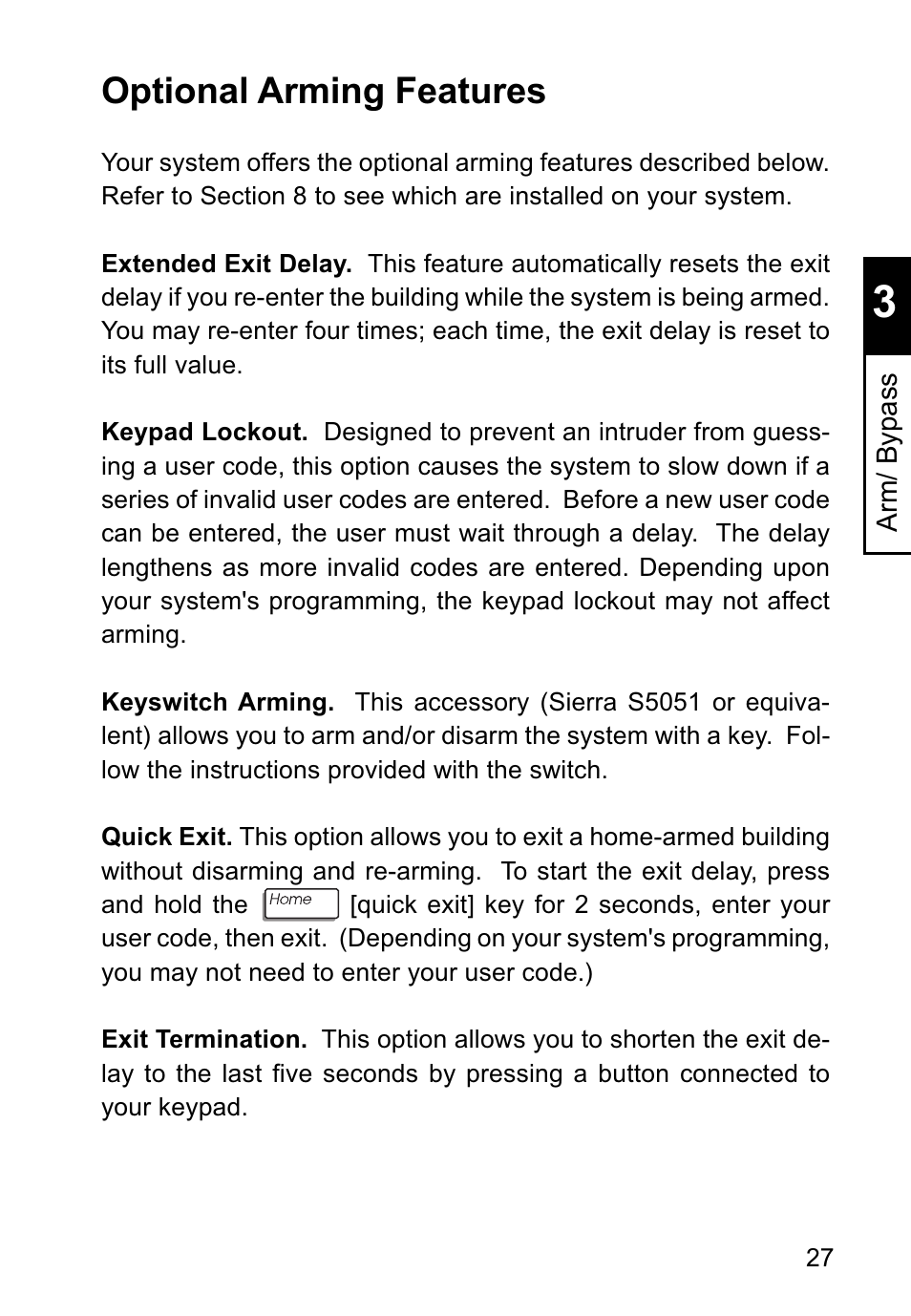 Optional arming features | Sierra Housewares S5012 User Manual | Page 31 / 72