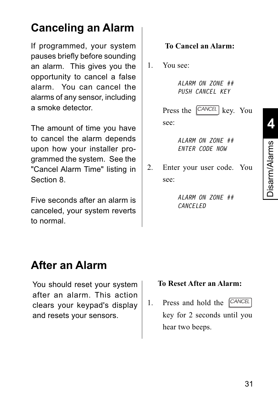 Canceling an alarm, After an alarm | Sierra Housewares S5012 User Manual | Page 35 / 72