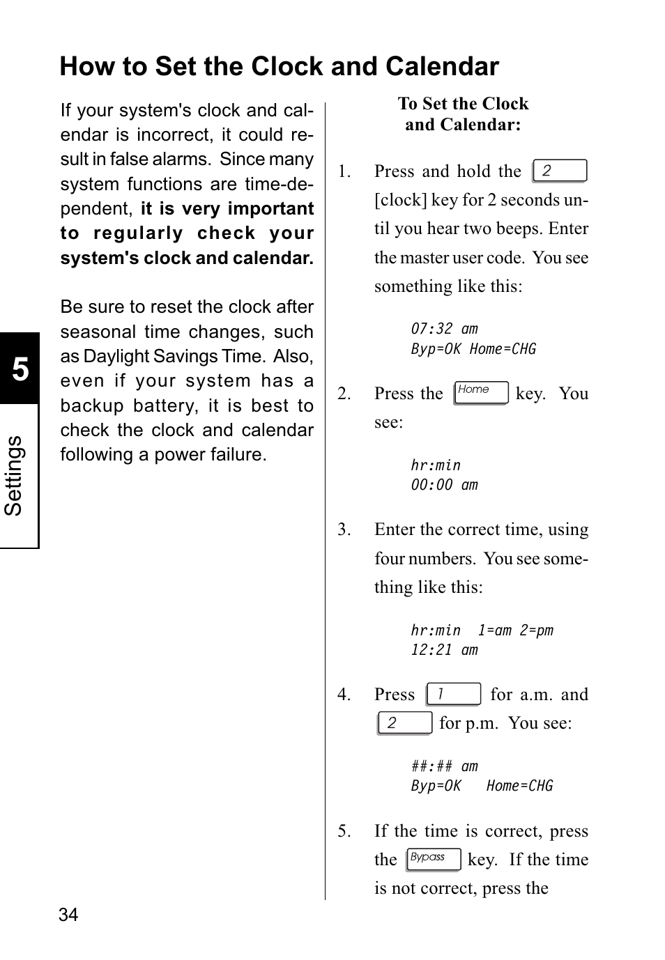 How to set the clock and calendar, Settings | Sierra Housewares S5012 User Manual | Page 38 / 72