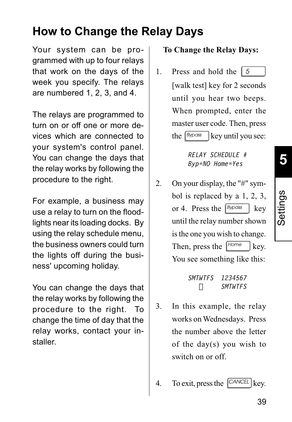 How to change the relay days, Settings | Sierra Housewares S5012 User Manual | Page 43 / 72