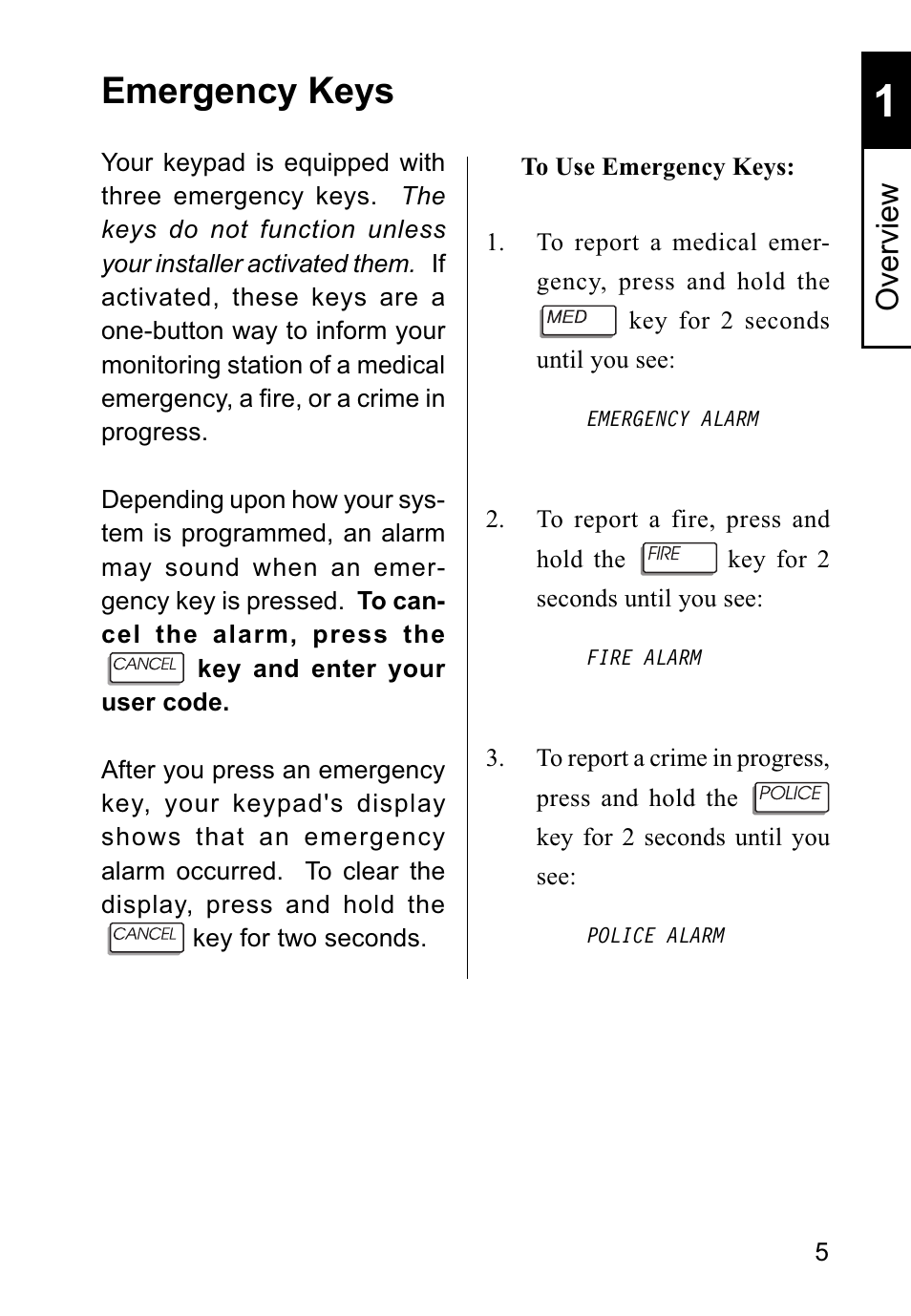 Emergency keys, Overview | Sierra Housewares S5012 User Manual | Page 9 / 72