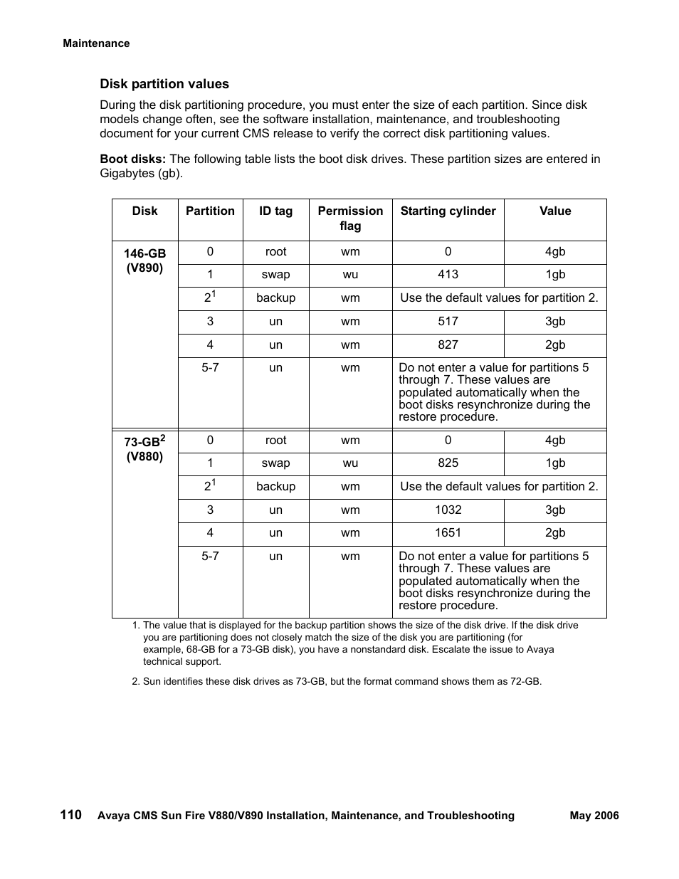 Disk partition values, Boot disks | Sun Microsystems Sun Fire V880 User Manual | Page 110 / 208