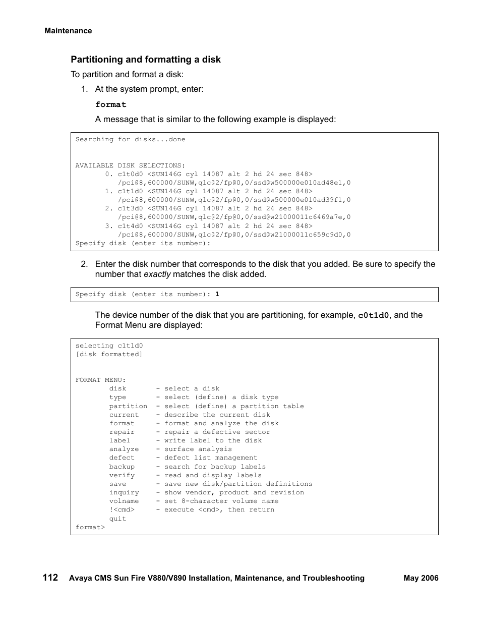 Partitioning and formatting a disk | Sun Microsystems Sun Fire V880 User Manual | Page 112 / 208