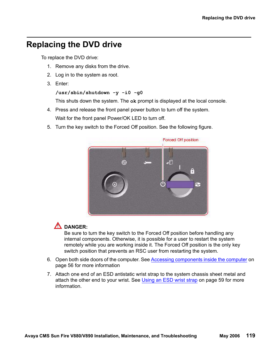 Replacing the dvd drive | Sun Microsystems Sun Fire V880 User Manual | Page 119 / 208