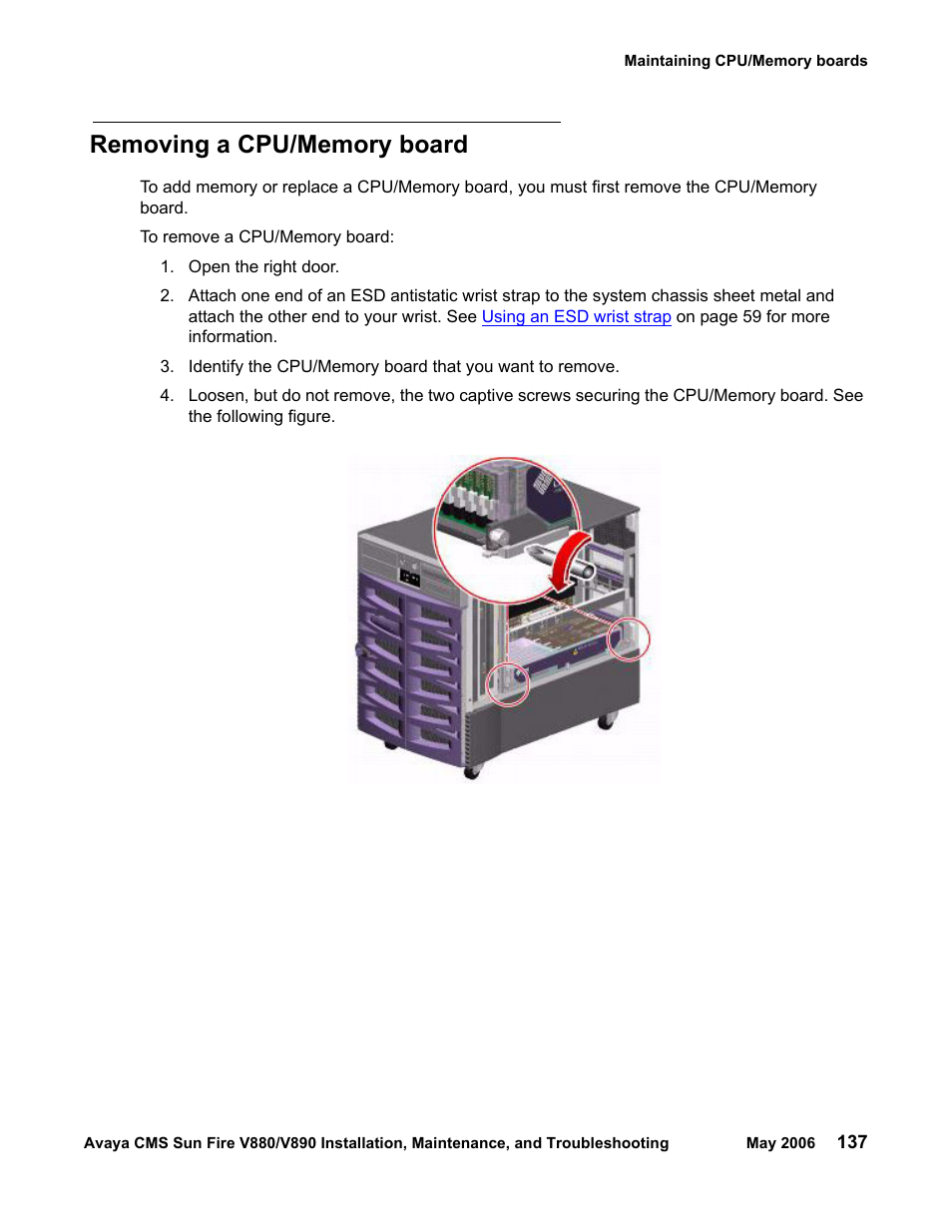 Removing a cpu/memory board | Sun Microsystems Sun Fire V880 User Manual | Page 137 / 208