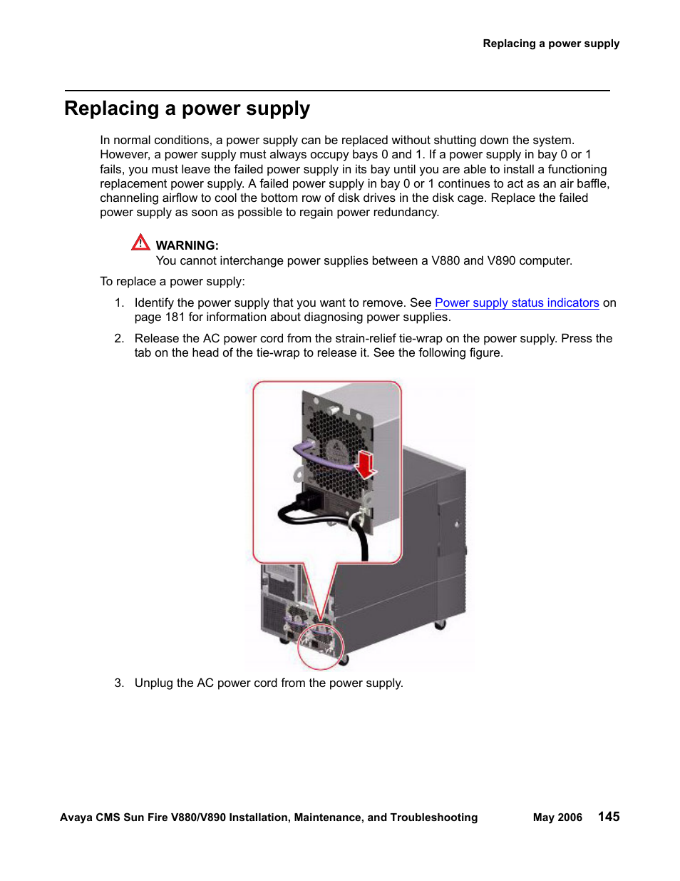 Replacing a power supply | Sun Microsystems Sun Fire V880 User Manual | Page 145 / 208