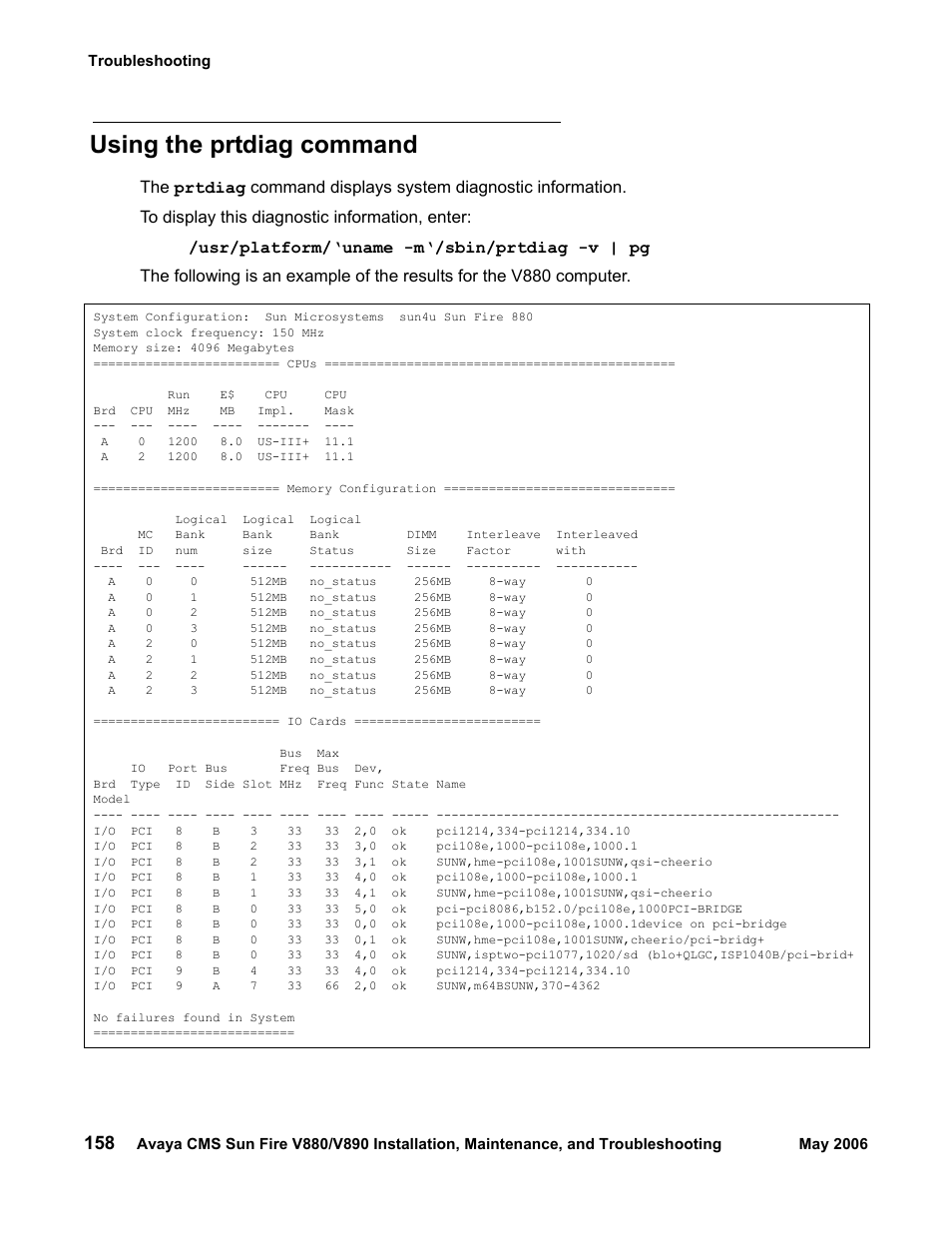 Using the prtdiag command | Sun Microsystems Sun Fire V880 User Manual | Page 158 / 208