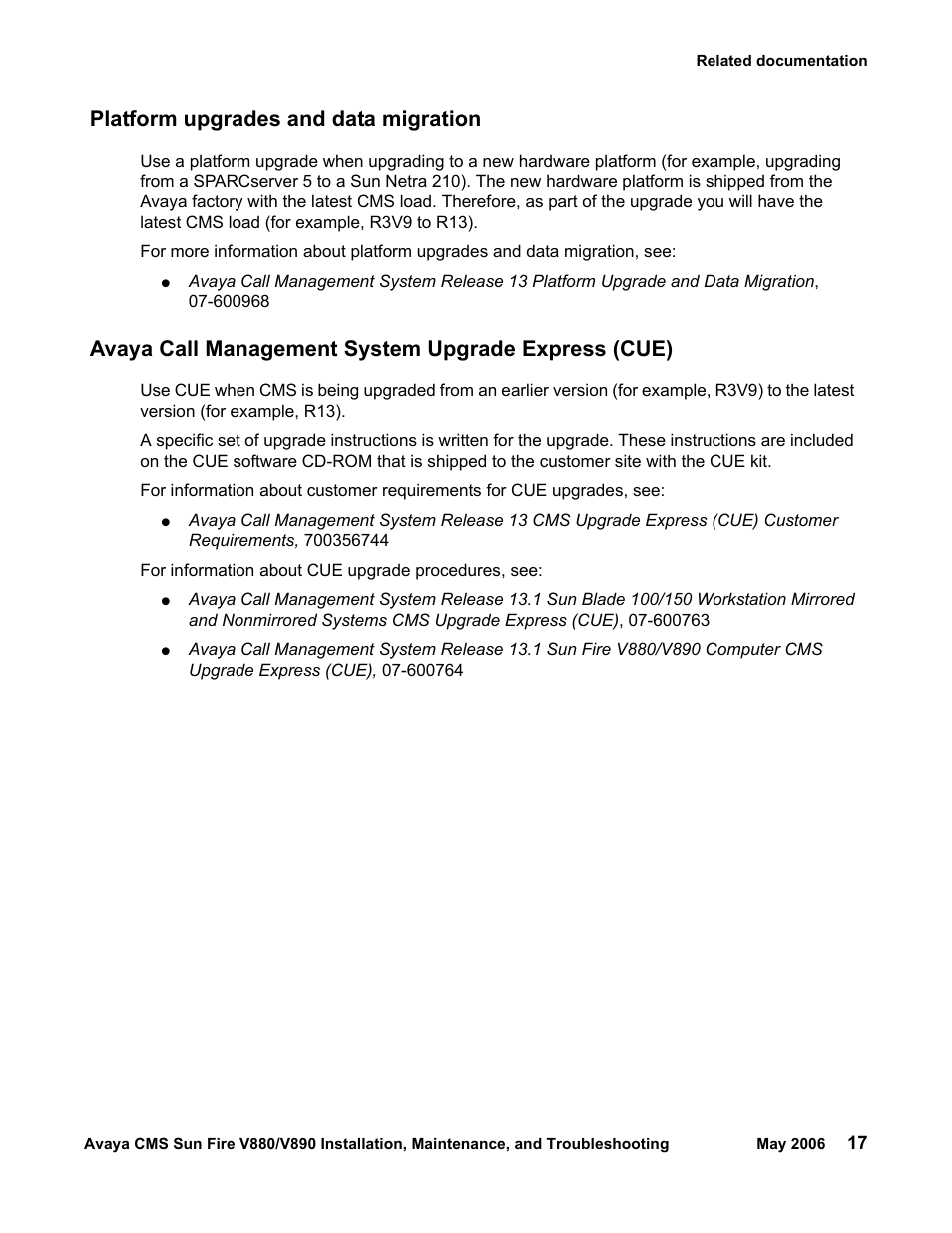 Platform upgrades and data migration, Avaya call management system upgrade express (cue) | Sun Microsystems Sun Fire V880 User Manual | Page 17 / 208