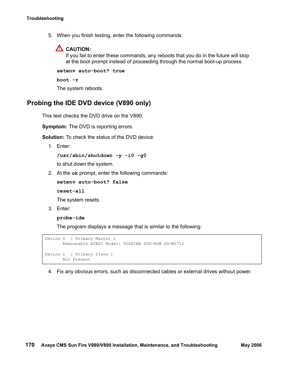 Probing the ide dvd device (v890 only) | Sun Microsystems Sun Fire V880 User Manual | Page 170 / 208