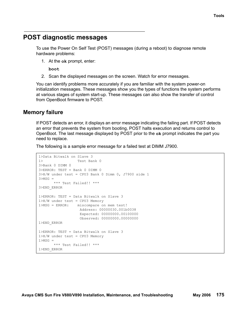 Post diagnostic messages, Memory failure | Sun Microsystems Sun Fire V880 User Manual | Page 175 / 208