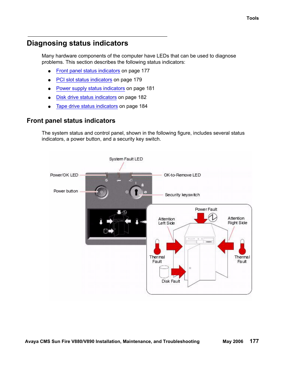 Diagnosing status indicators, Front panel status indicators | Sun Microsystems Sun Fire V880 User Manual | Page 177 / 208