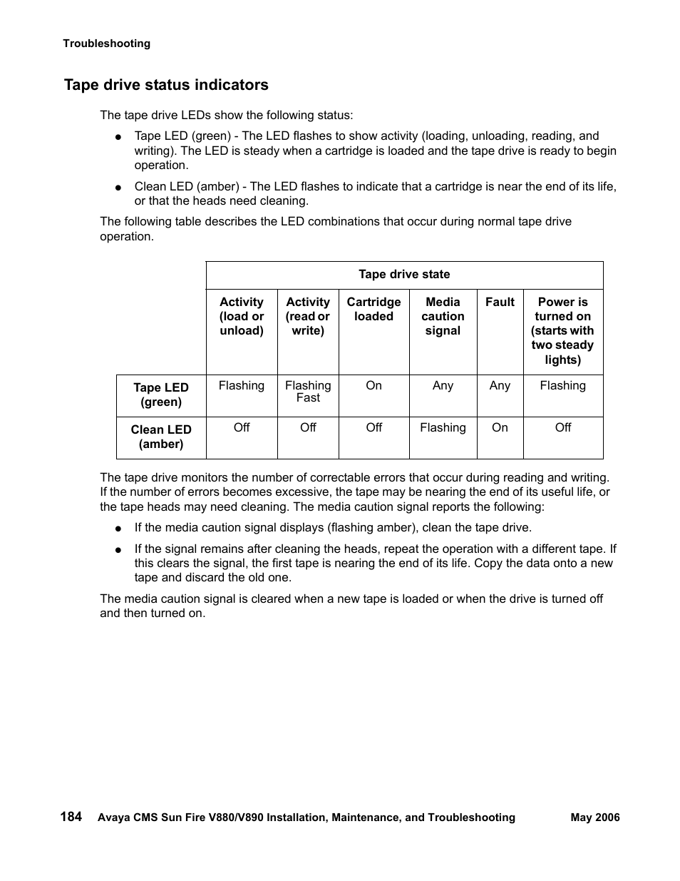 Tape drive status indicators, Tape drive, Status indicators | Sun Microsystems Sun Fire V880 User Manual | Page 184 / 208