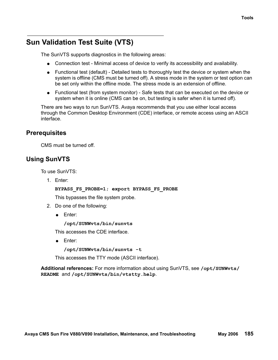 Sun validation test suite (vts), Prerequisites, Using sunvts | Sun Microsystems Sun Fire V880 User Manual | Page 185 / 208
