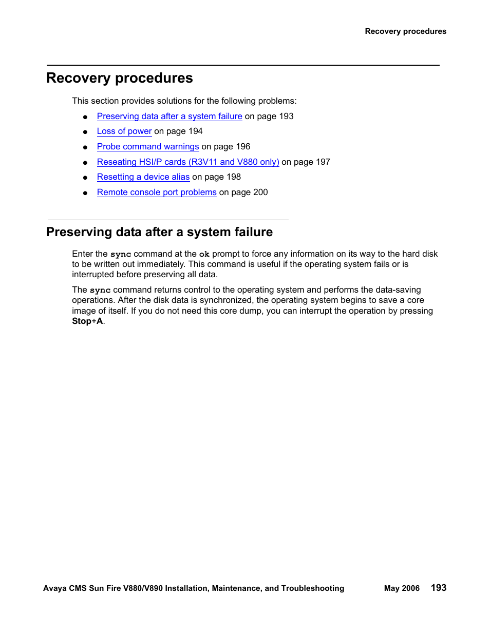 Recovery procedures, Preserving data after a system failure | Sun Microsystems Sun Fire V880 User Manual | Page 193 / 208