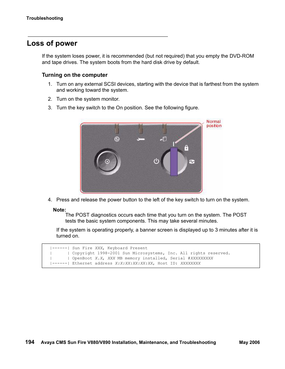 Loss of power | Sun Microsystems Sun Fire V880 User Manual | Page 194 / 208